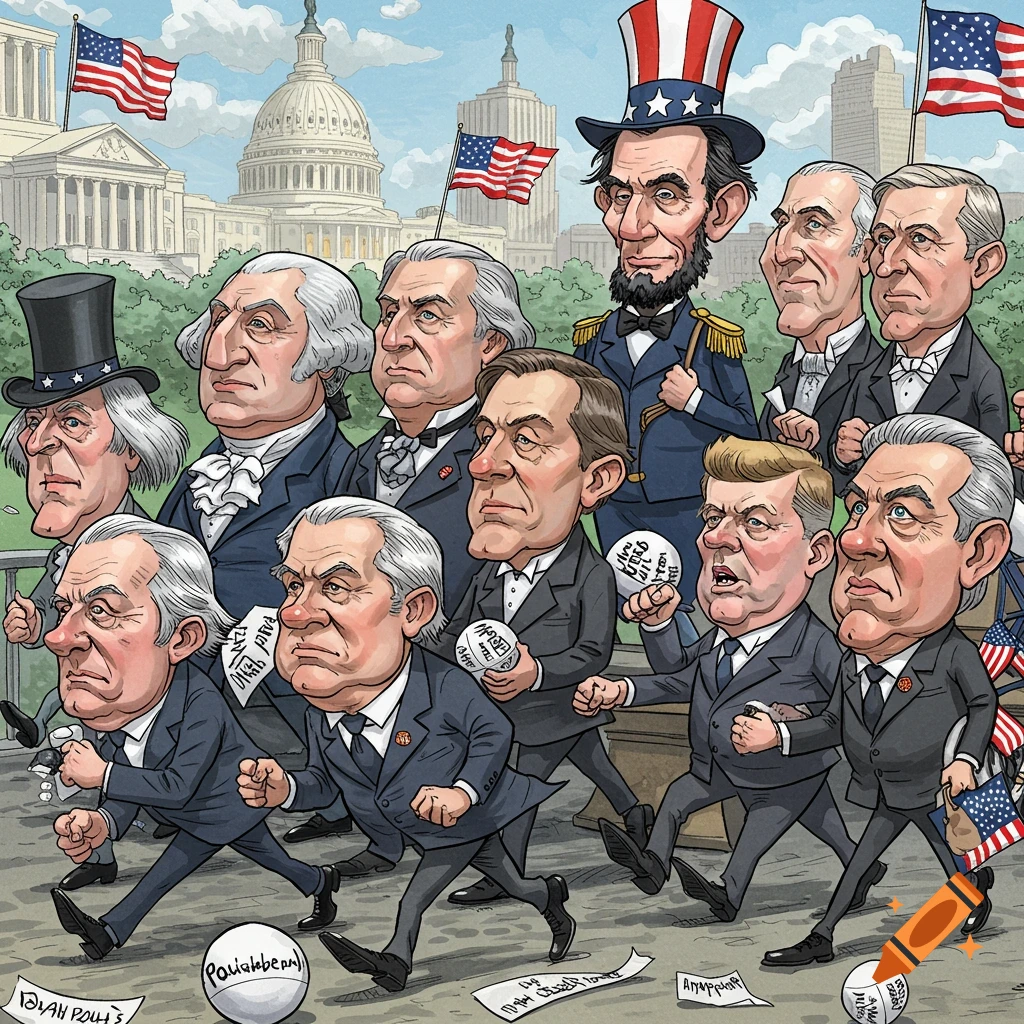 A cartoon of historical US presidents, including Abraham Lincoln and George Washington, depicted as caricatures running in front of the US Capitol building.