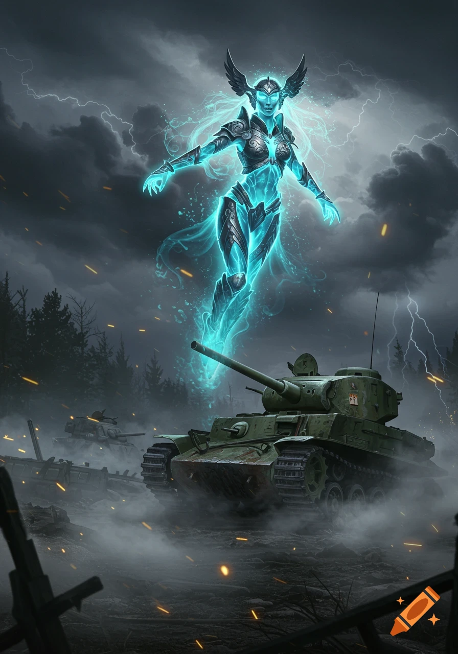 A glowing blue spectral Valkyrie floats above a green WWII tank amidst lightning and smoke on a dark battlefield.