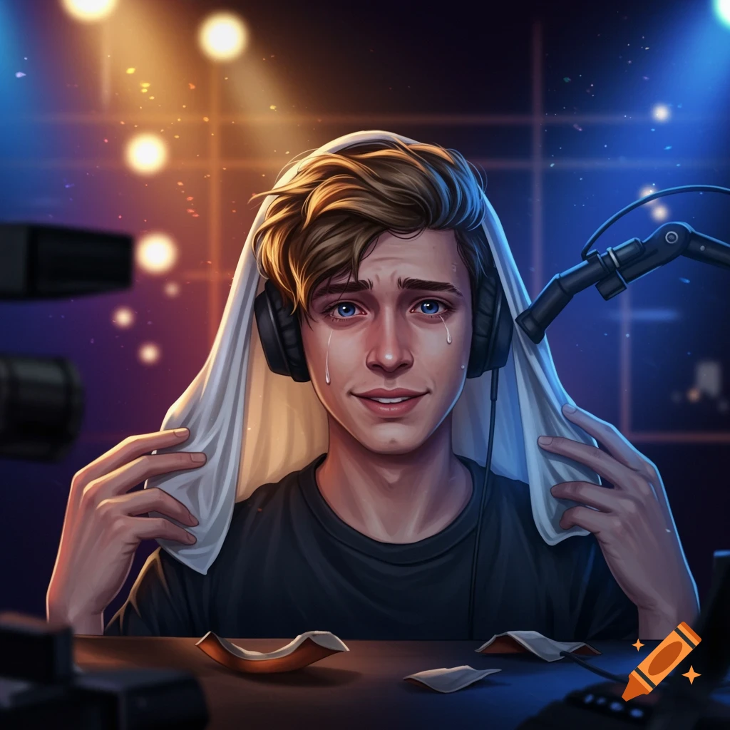 Anime-style portrait of a young man with headphones, crying under a white sheet, in a dimly lit room with bokeh lights.