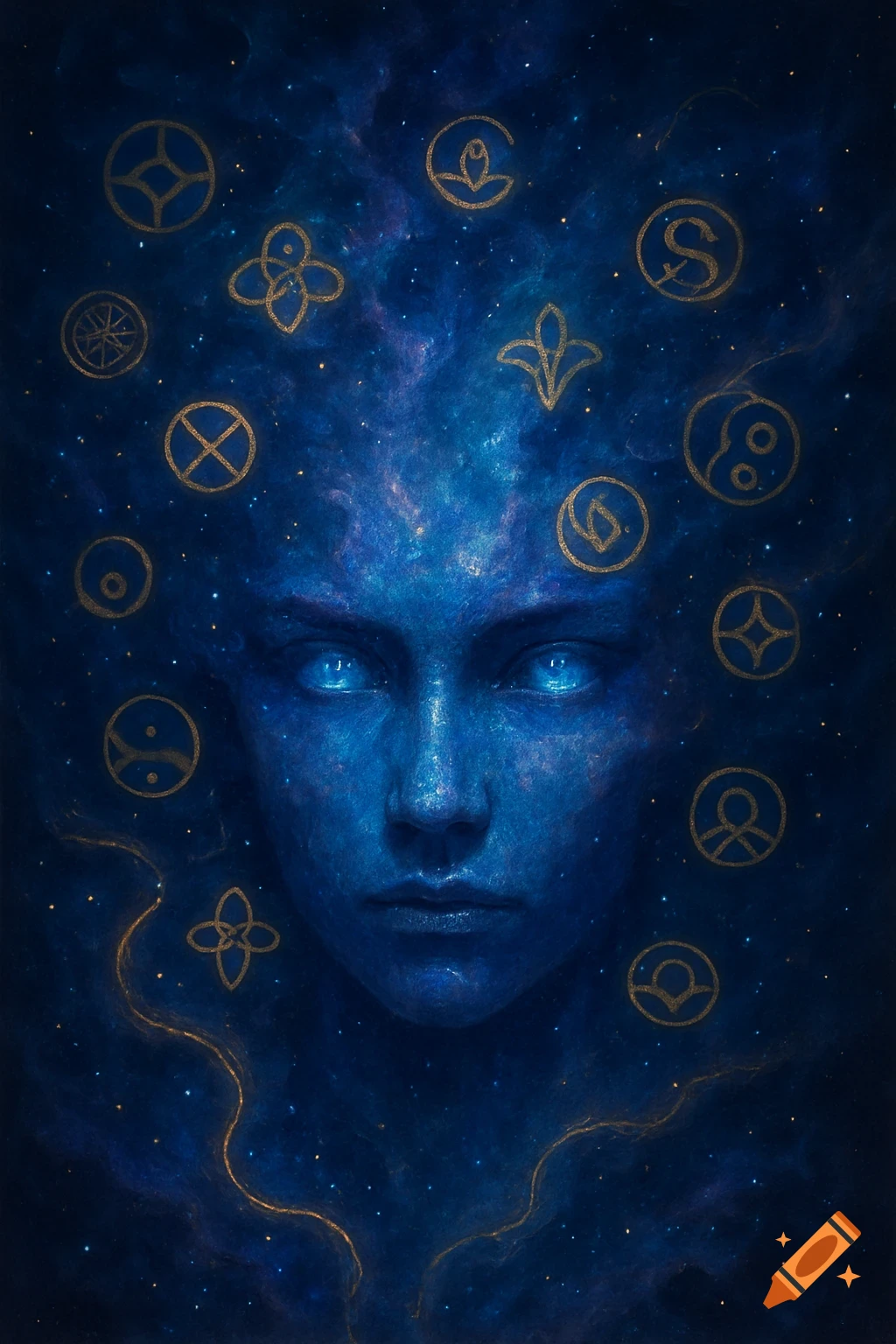 A stylized portrait of a mystical, blue-skinned figure with glowing eyes, set against a dark, starry cosmic background with golden abstract symbols floating around their head.
