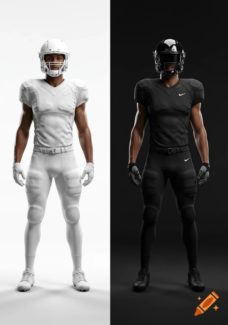 A detailed photorealistic image of two football players standing side-by-side. The left player wears a white uniform, the right player wears a black uniform.