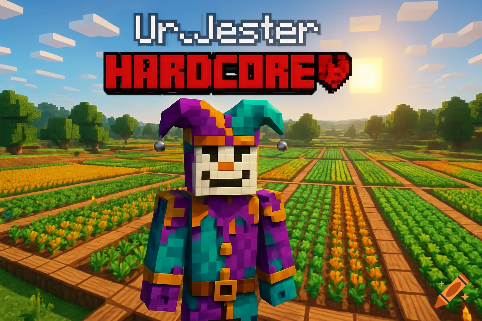 Minecraft-style image of a jester character in a field of farms with "UrJester HARDCORE" text above.