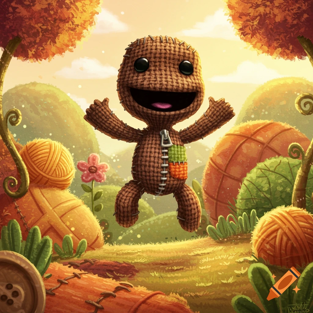 A happy Sackboy-like character made of burlap jumps in a vibrant, whimsical landscape with yarn balls and stitched elements.