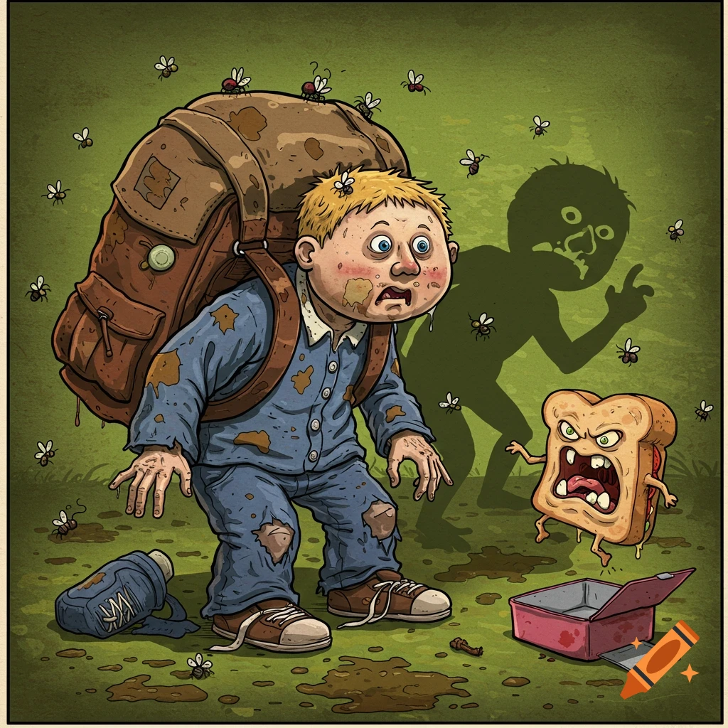 A dirty, scrawny cartoon boy with a giant backpack looks frightened as a monster shadow looms behind him and an angry sandwich crawls away from a spilled lunchbox, surrounded by flies.