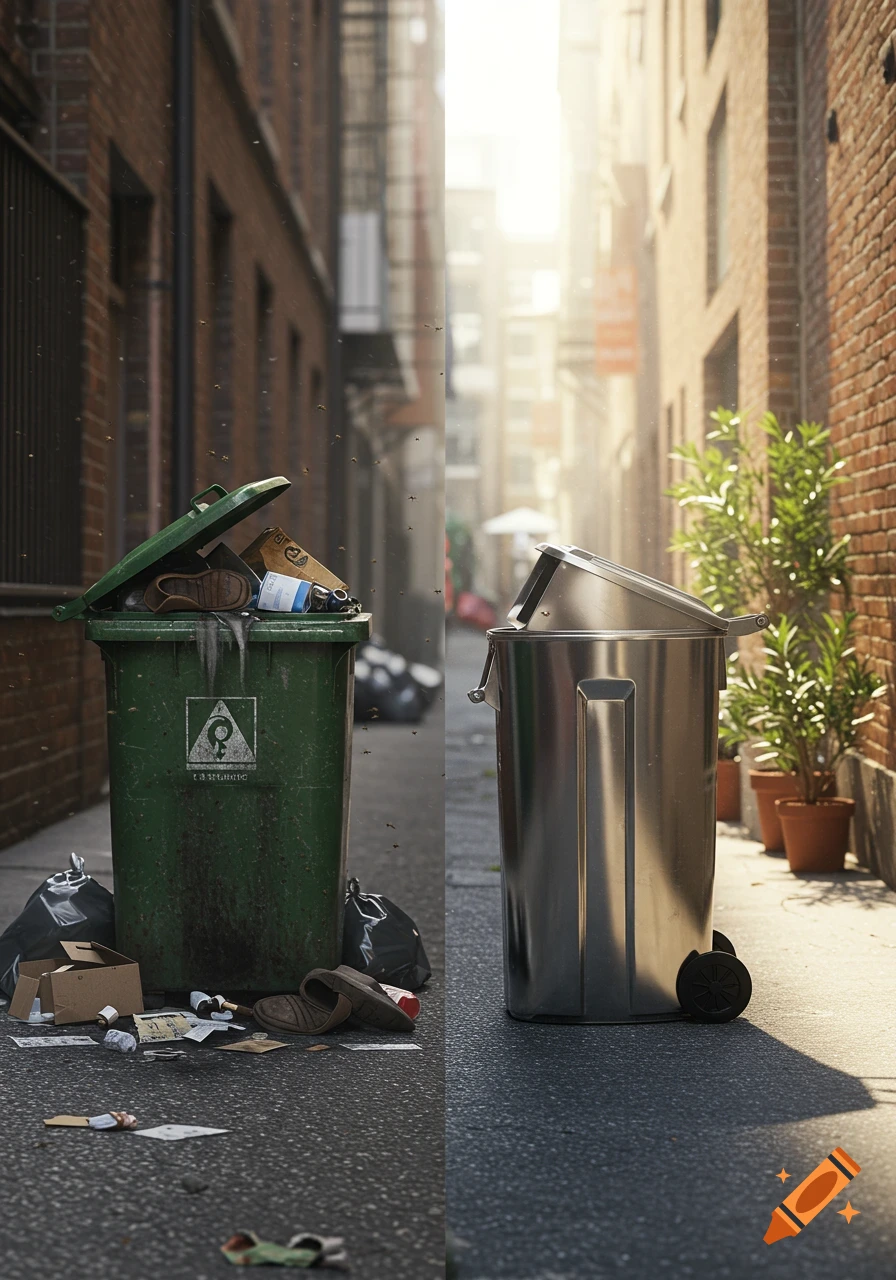 A photorealistic split image showing a dirty, overflowing green trash can in a grungy alley on the left, and a clean, shiny metallic trash can in a sunlit alley on the right.