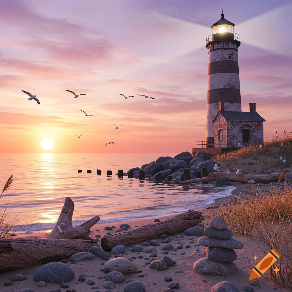 A photorealistic depiction of a lighthouse on a rocky beach at sunset with seagulls flying over the water.