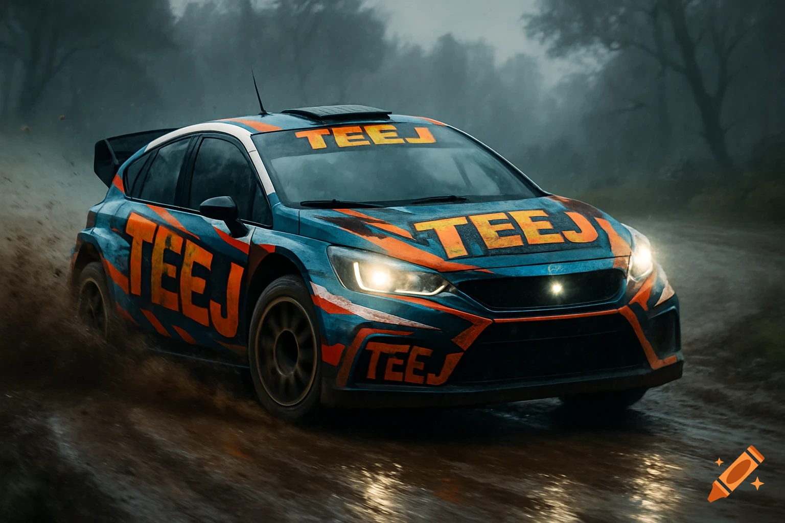 A blue and orange rally car with 'TEEJ' branding drifts on a muddy road in a misty forest, its headlights shining.