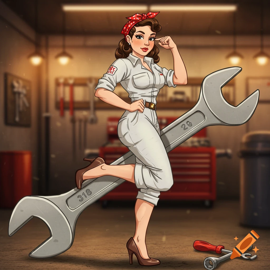 Cartoon pin-up woman dressed as a mechanic, posing with one leg wrapped around a giant wrench in a garage.