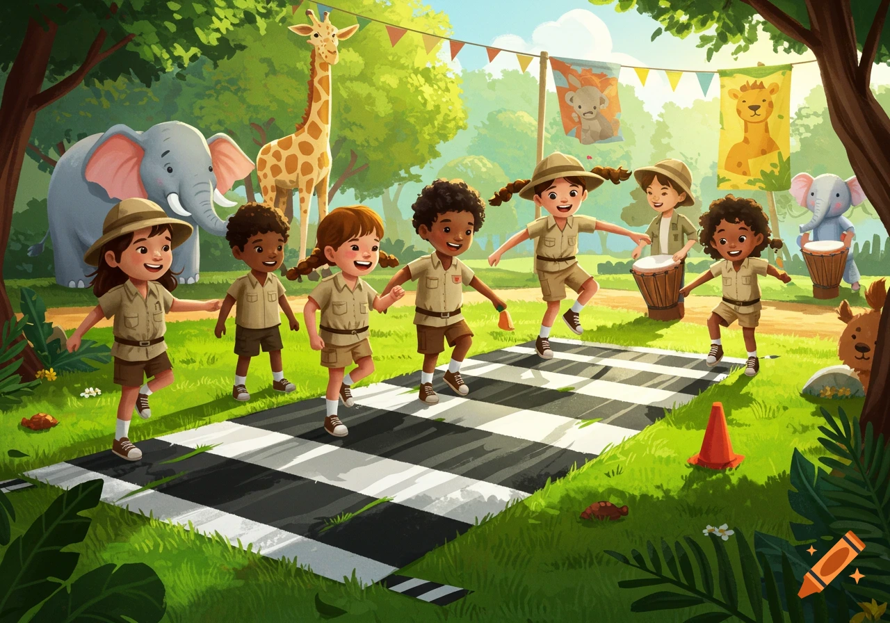 Cartoon illustration of children dressed as explorers playing a safari game on black and white stripes, surrounded by animals.