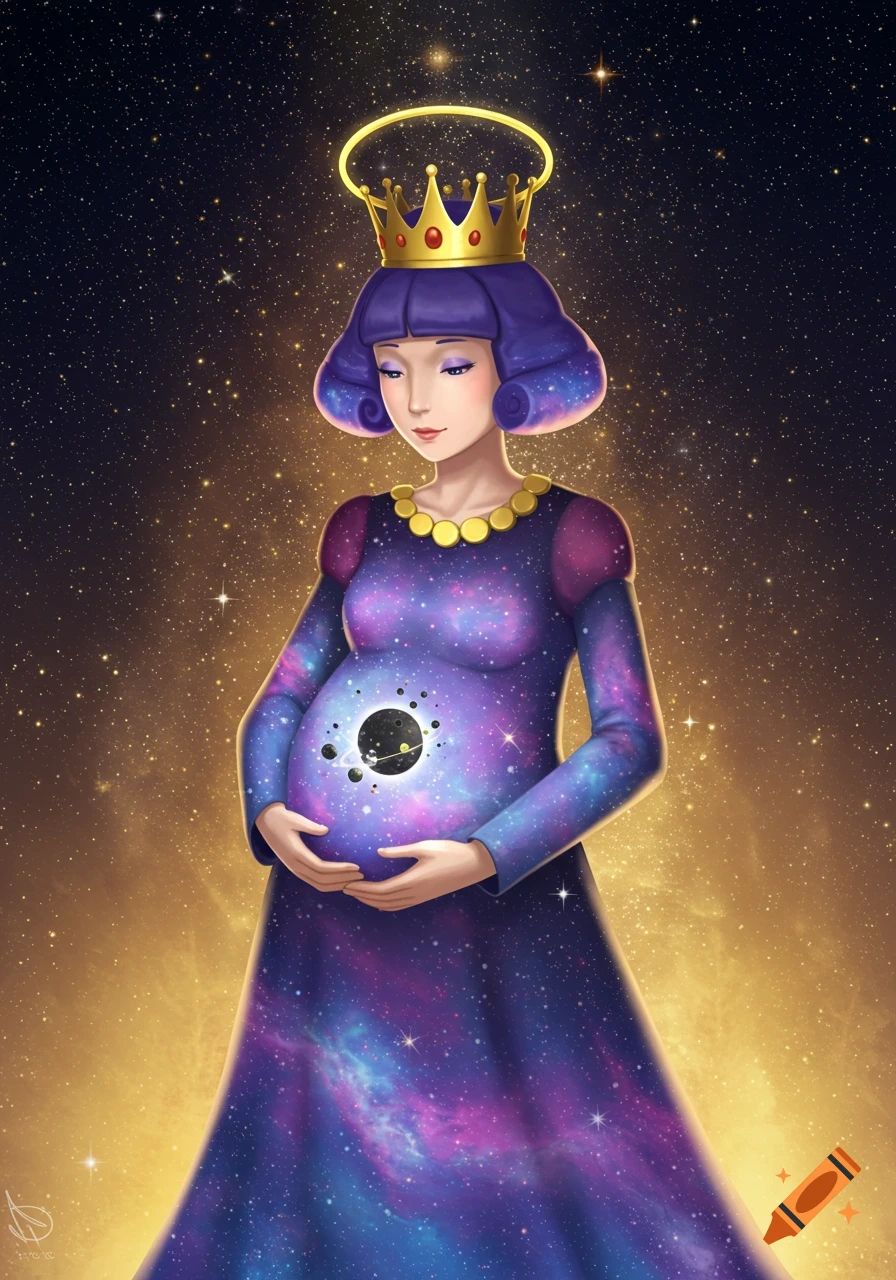 A cosmic queen with purple hair and a golden crown and halo, holds her pregnant belly which contains a black hole with planets orbiting it. The background is a starry galaxy.