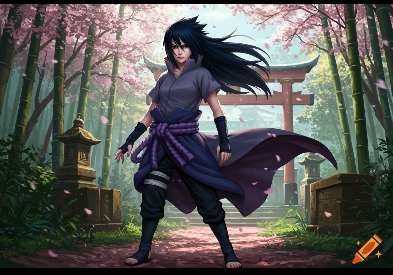 An anime character, resembling Sasuke, stands in a vibrant bamboo and cherry blossom forest with a torii gate.
