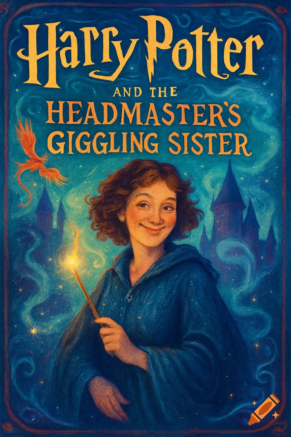 Illustrated book cover for 'Harry Potter and the Headmaster's Giggling Sister' featuring a smiling girl with a glowing wand.