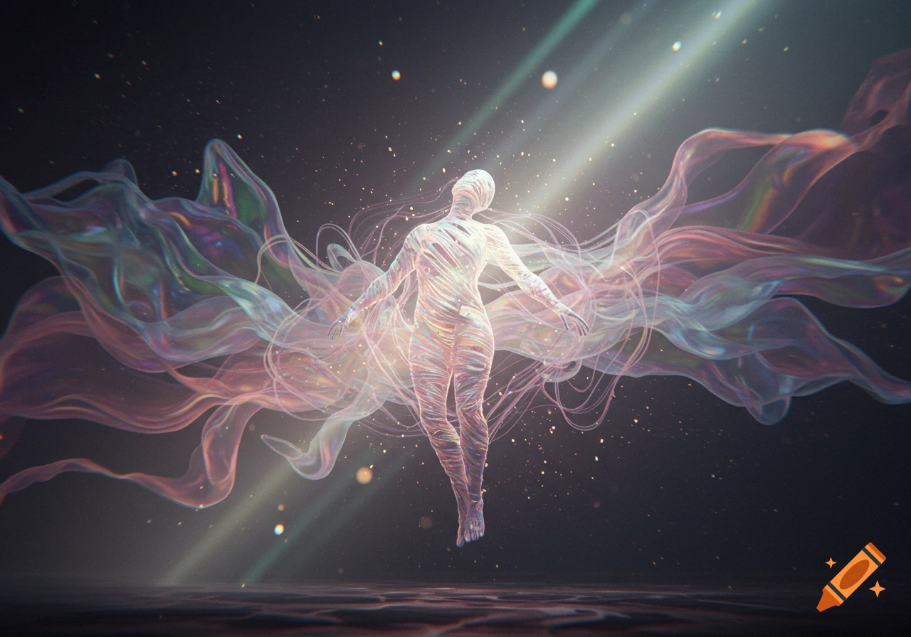 Ethereal human-like figure of light floating amidst swirling, colorful ribbons in a dark, star-filled space.