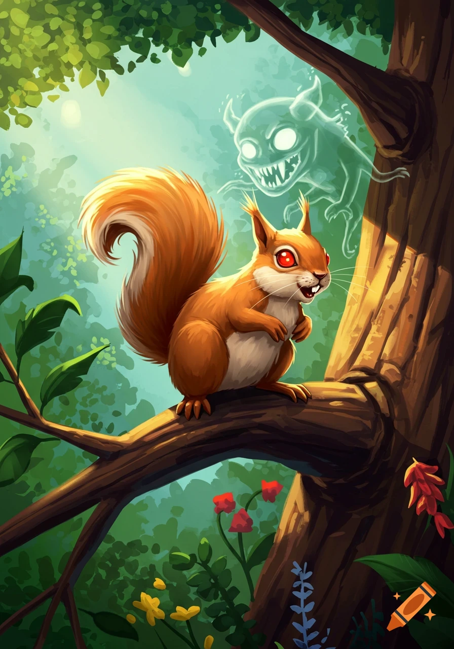A cartoon squirrel with red eyes sits on a tree branch, while a glowing, fanged demon ghost hovers behind it in a vibrant forest.