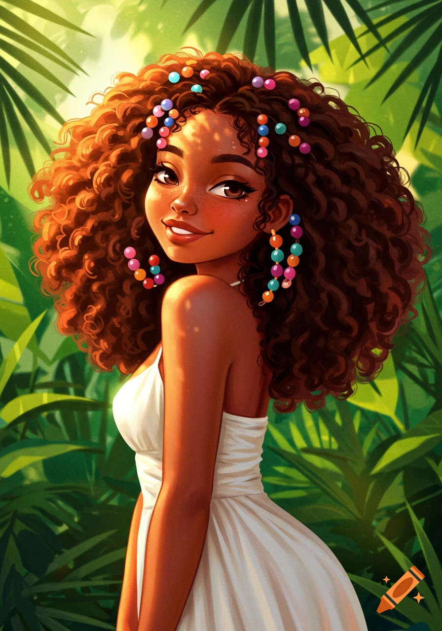 Vibrant illustration of a smiling woman with curly brown hair, colorful beads, white dress, tropical background.