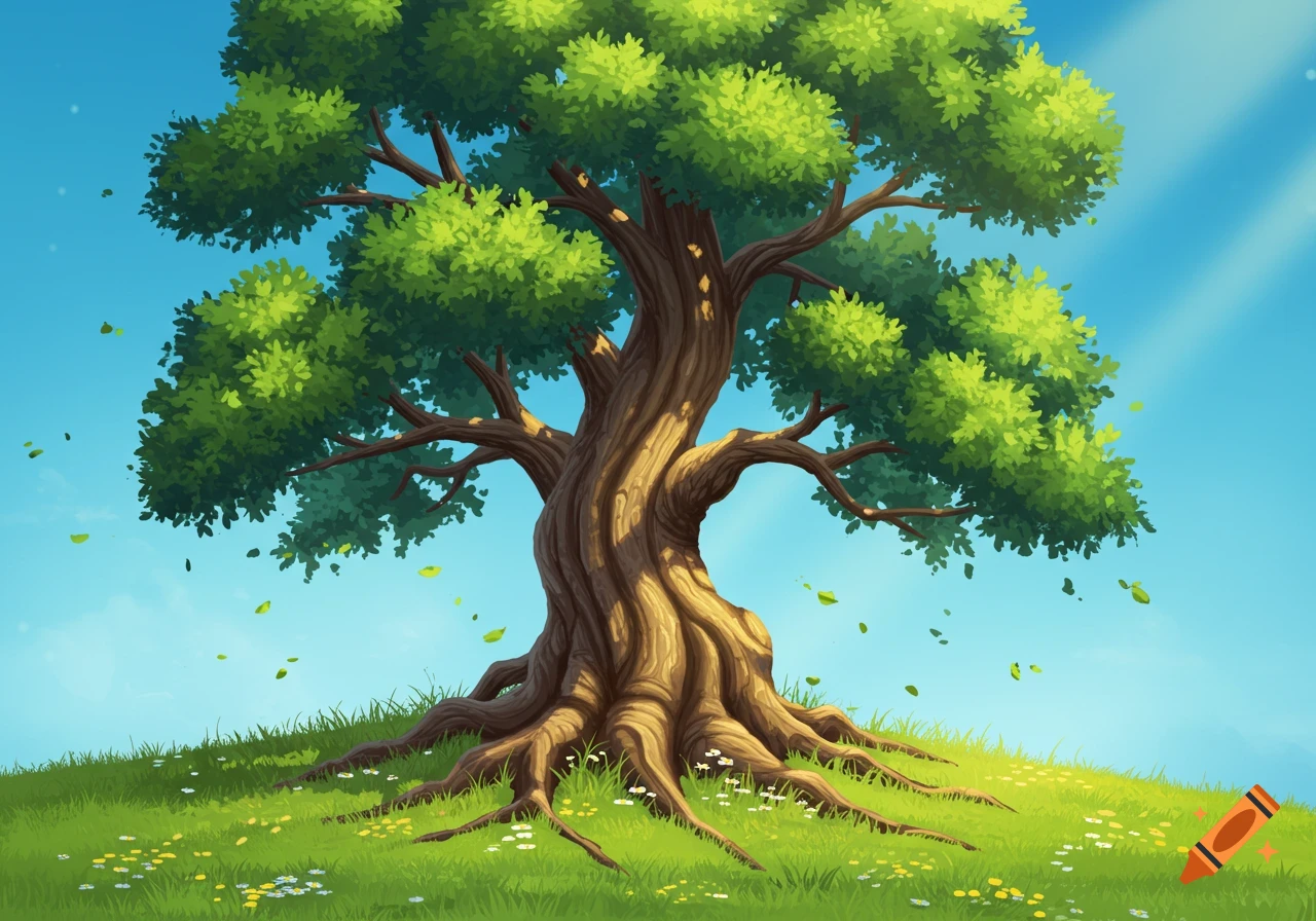 A vibrant, stylized illustration of a large tree with green leaves on a grassy hill under a blue sky.