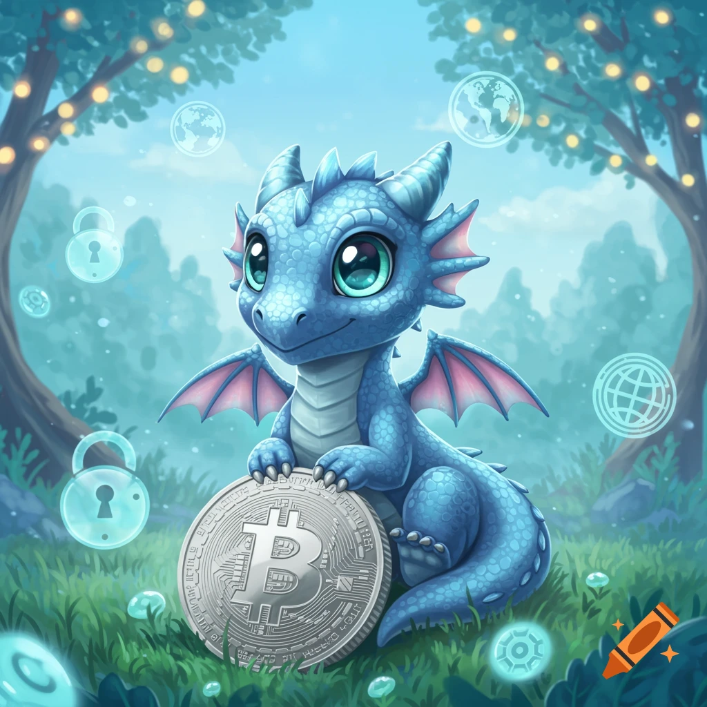 A cute blue baby dragon with big eyes sits in a whimsical forest, holding a large silver Bitcoin coin with its paws. Abstract glowing orbs with lock and globe symbols float around it.