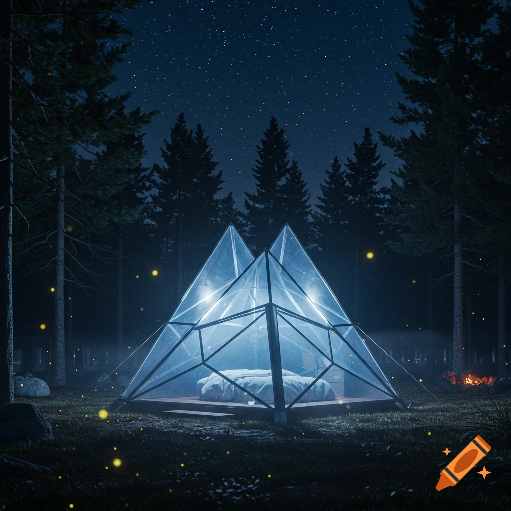 A transparent, geometric tent with a bed inside, glowing in a dark forest at night under a starry sky with fireflies.