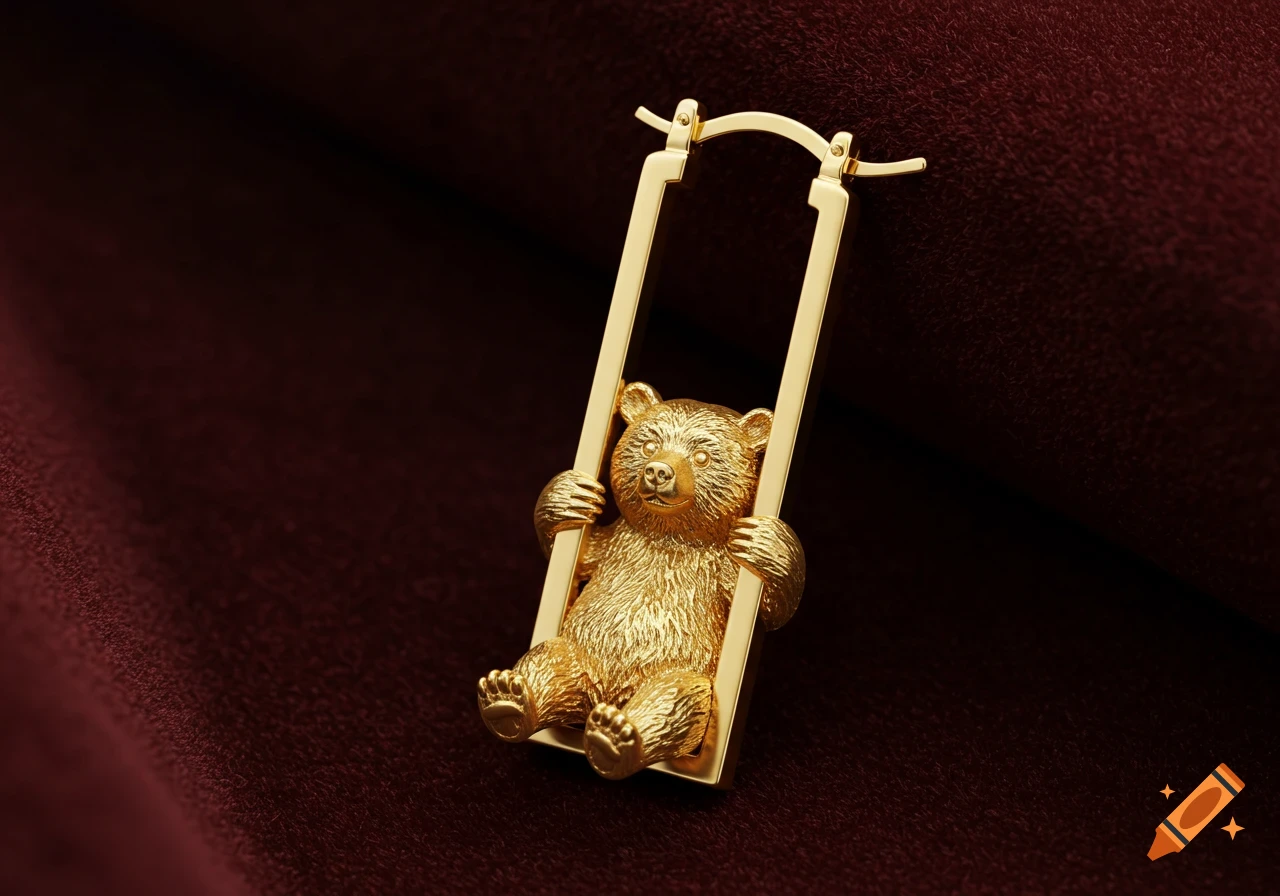 A close-up shot of a golden bear-shaped earring, with the bear appearing to swing on the rectangular hoop, set against a deep red fabric background.