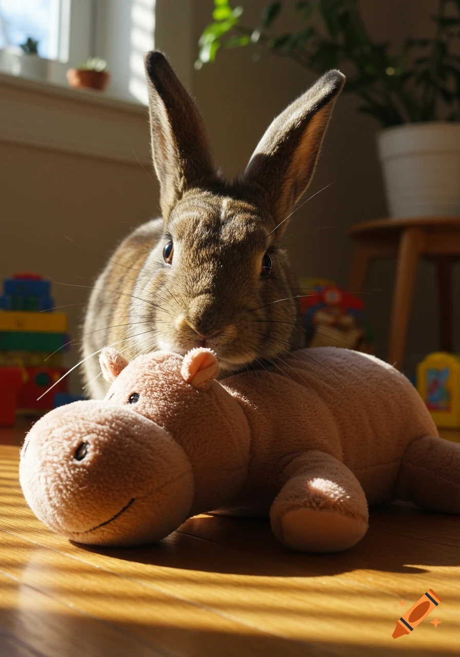 A brown rabbit sits behind a plush pink hippo toy on a sunlit wooden floor, looking directly at the camera.
