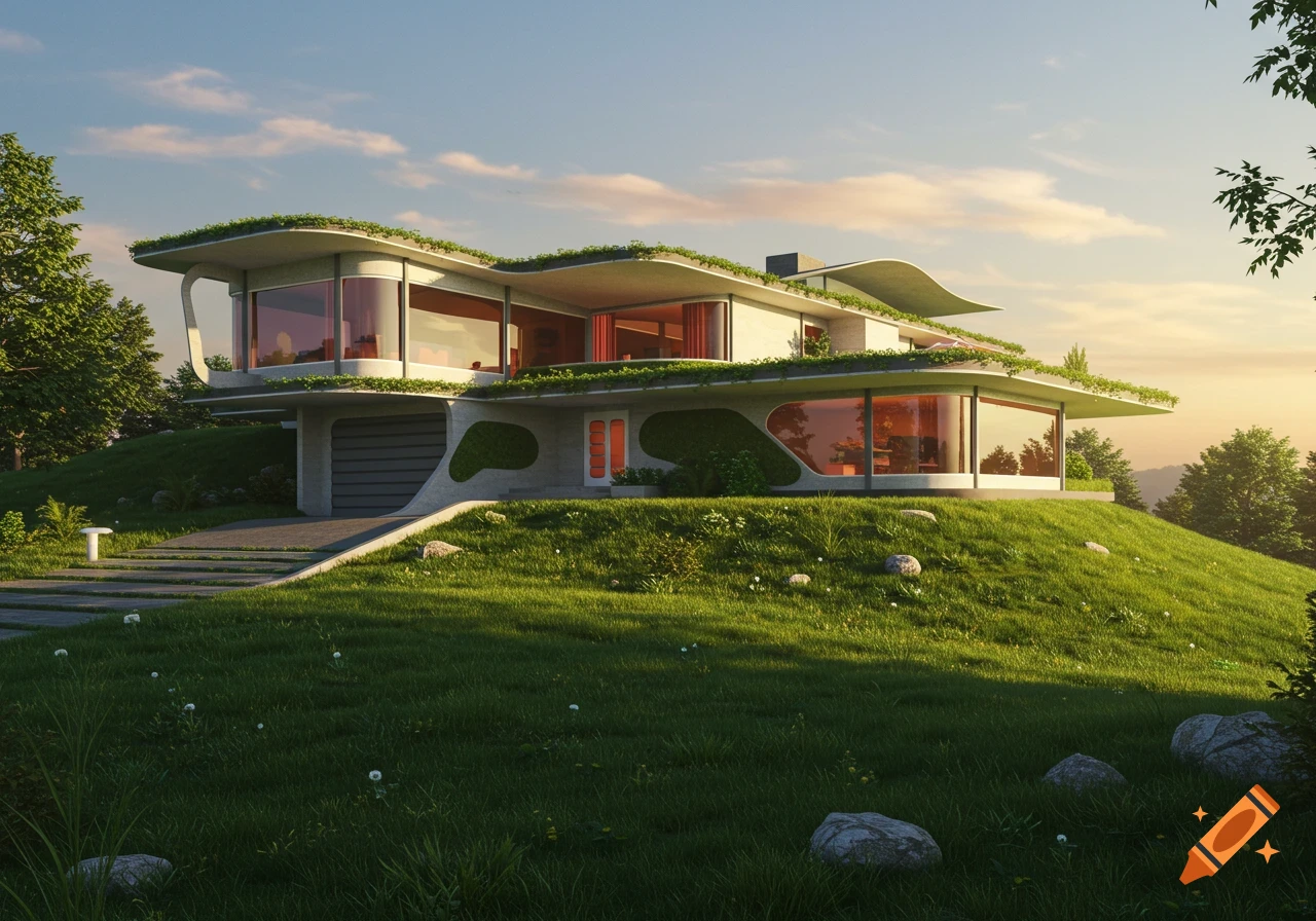 A modern berm house with a green roof on a grassy hill under a clear sky at sunset.