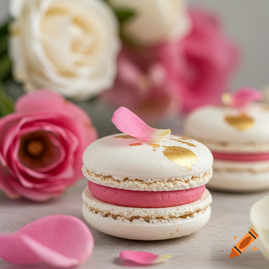 White macaroon with pink filling and gold accents, adorned with a pink rose petal, set among blurred roses.
