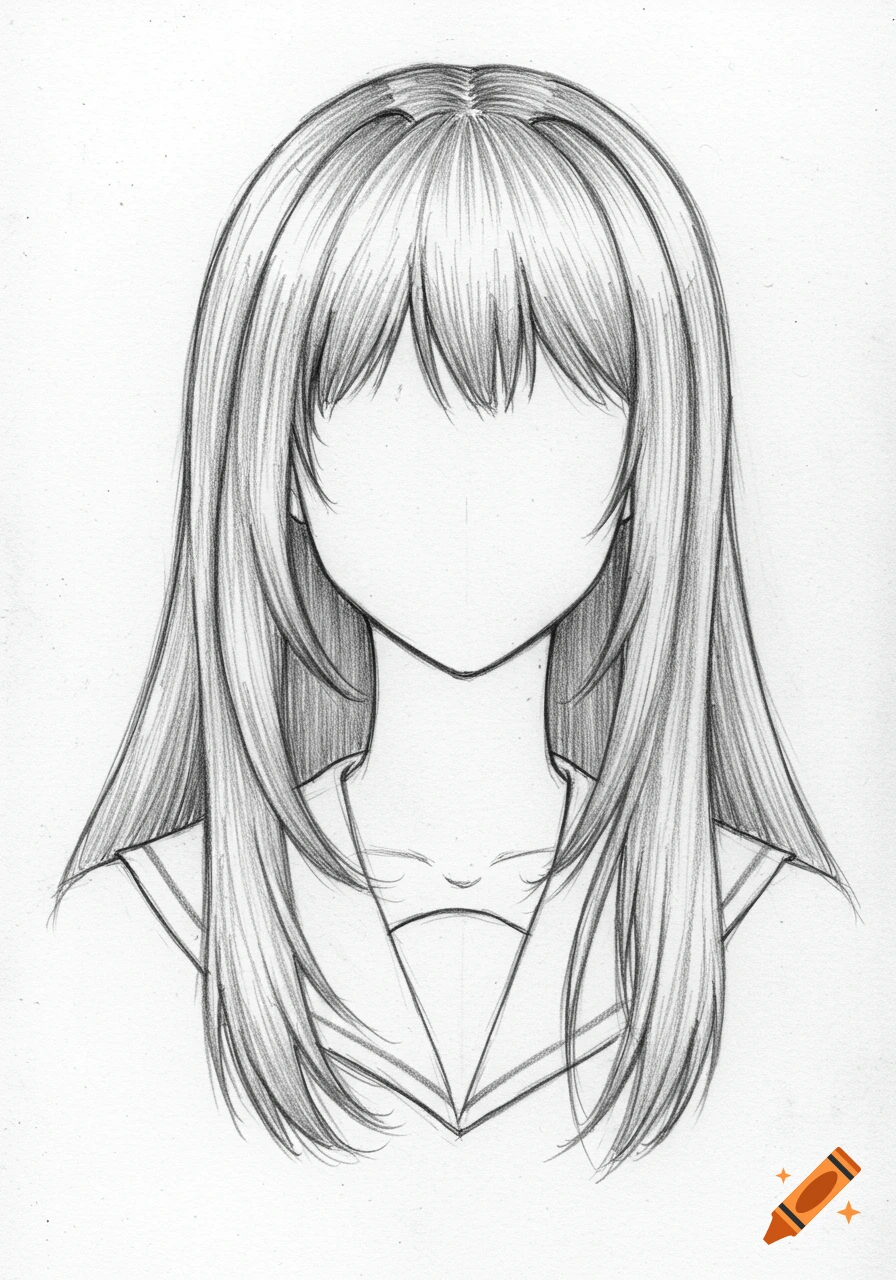 Pencil sketch of an anime girl's head and shoulders with long layered hair, curtain bangs, and no facial features.