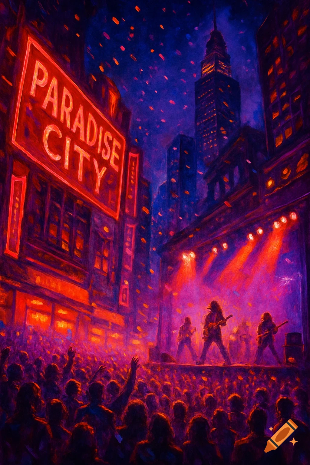 A vibrant, impressionistic painting of a rock concert at night under a large neon sign reading "PARADISE CITY" in a city.