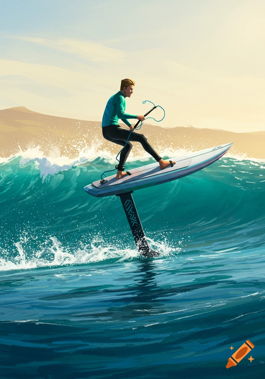 An illustrated man in a wetsuit is on a pumpfoil board, riding a turquoise wave with a sandy beach in the background.