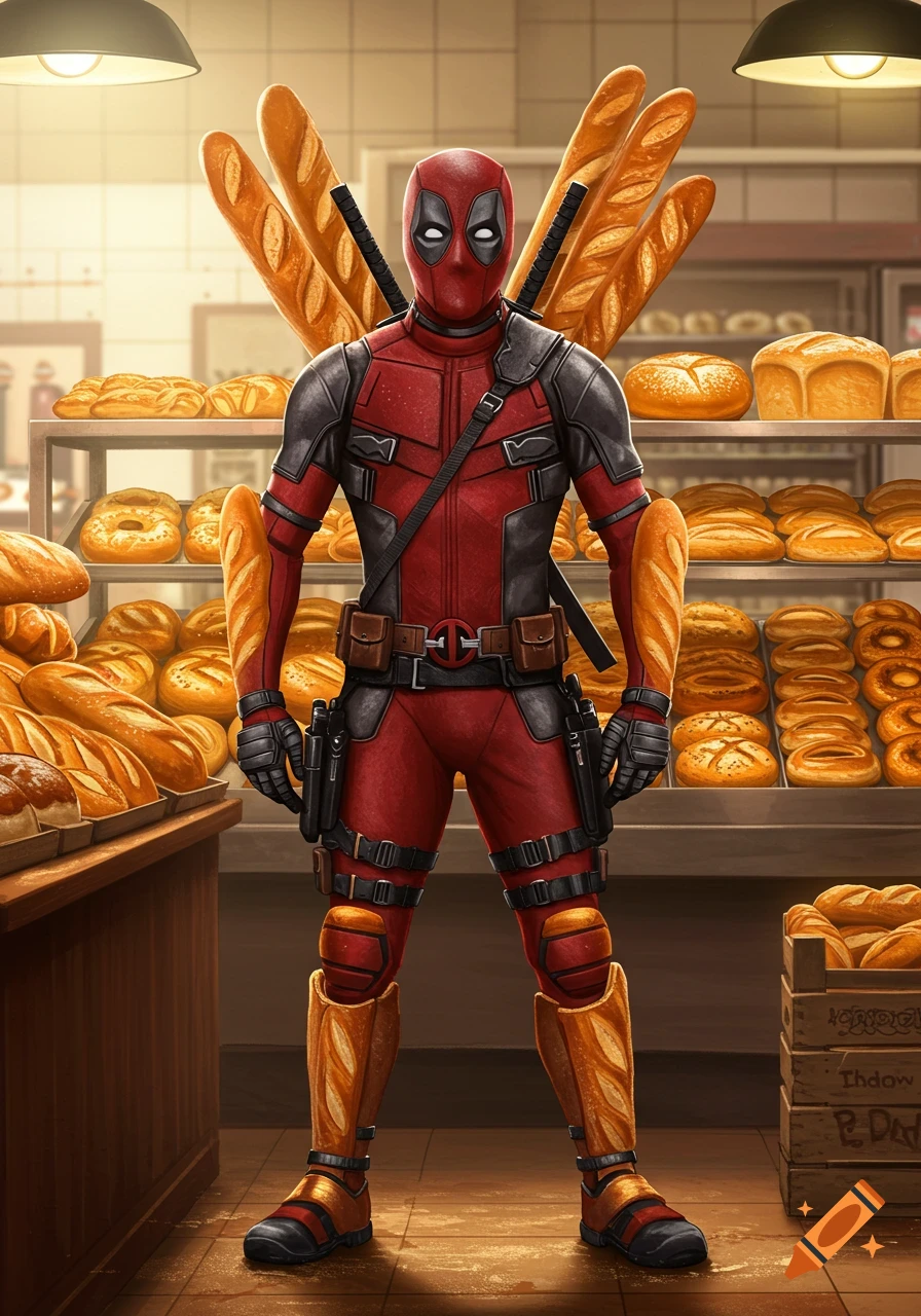 Deadpool, in a red and black suit with baguettes as weapons and armor, stands in a bakery full of bread. Illustrative style.