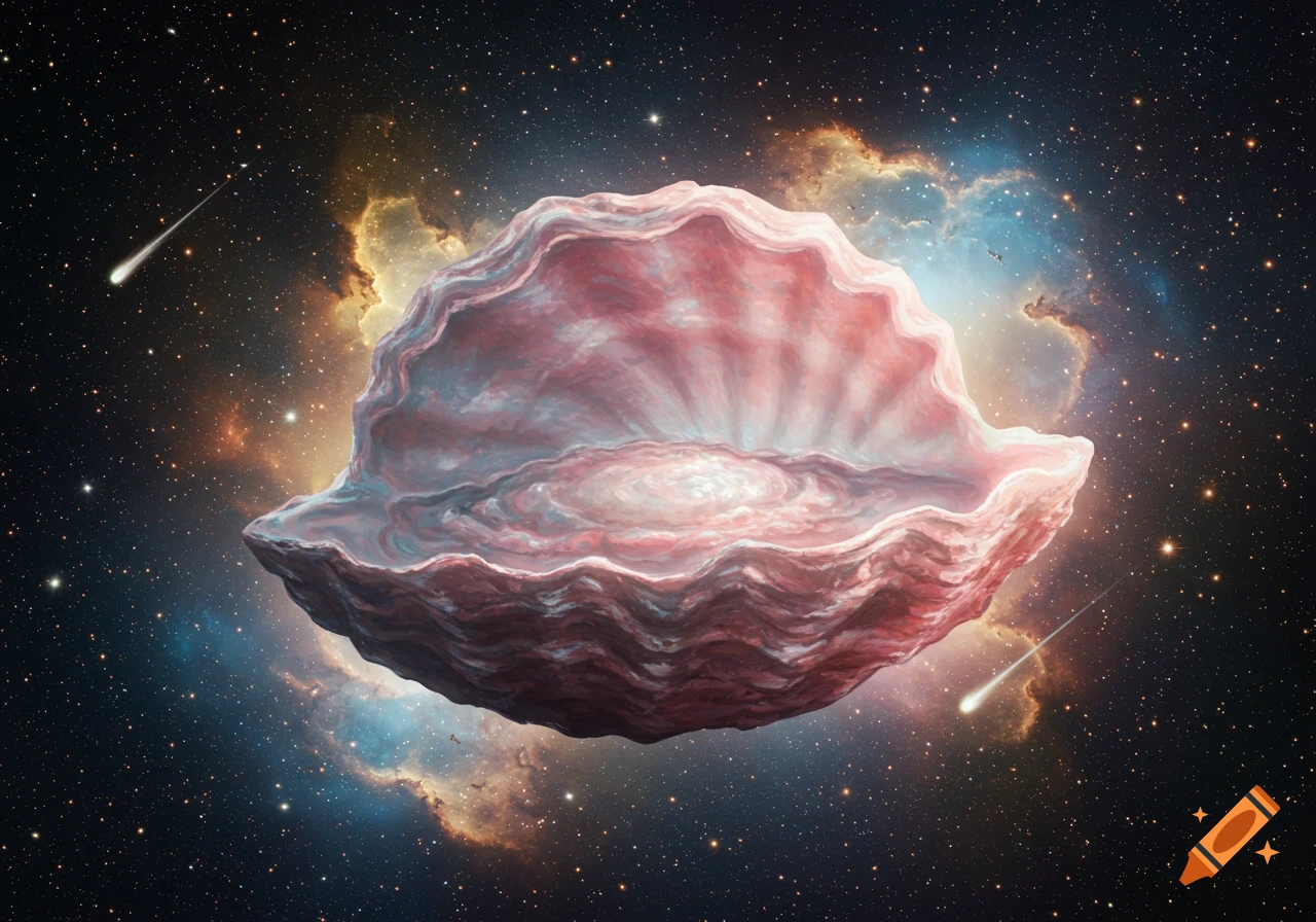 A giant pink and red oyster shell floating in space amidst a backdrop of stars and colorful nebulae, with streaks of meteoroids.