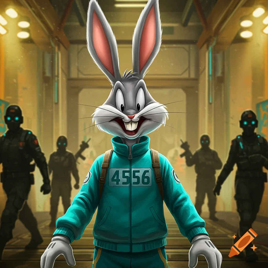 Bugs Bunny in a teal tracksuit with number 4556 on his chest, standing in a sci-fi hallway with armed figures.