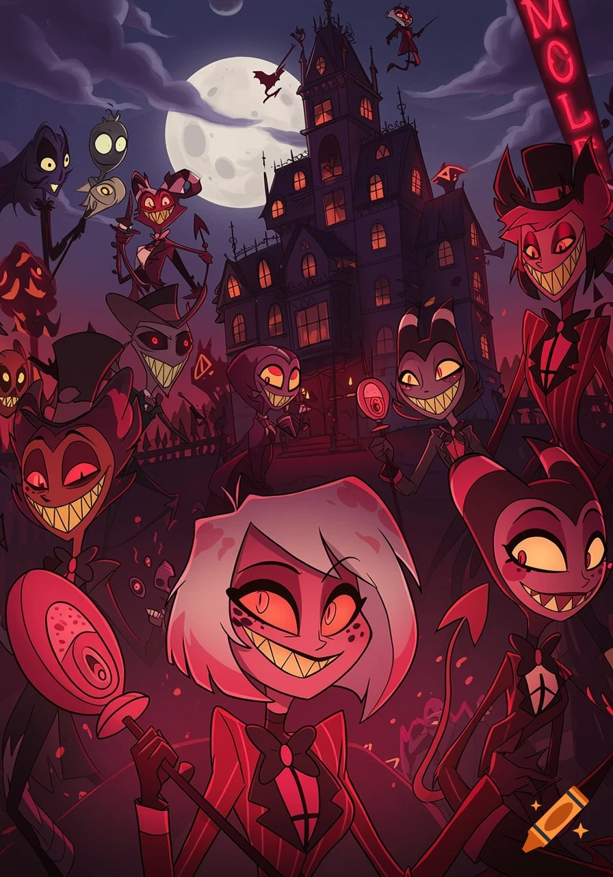 Hazbin Hotel characters gather around a gothic mansion under a full moon, in an animated style.