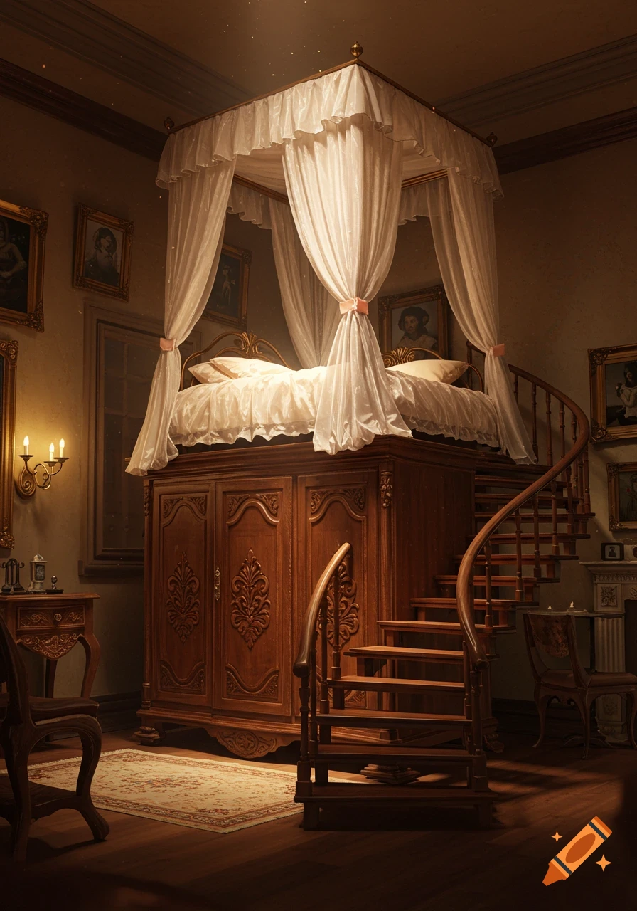 A tall four-poster canopy bed sits atop a large wooden dresser with a spiral staircase leading to it in a dimly lit, ornate room.