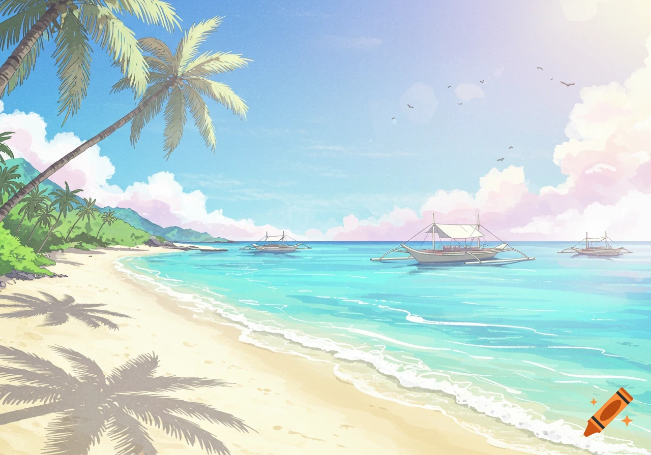 Anime-style tropical beach with palm trees, white sand, turquoise water, and traditional boats under a blue sky.