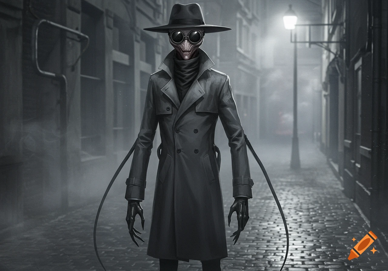 A creepy alien-like figure in a trench coat and fedora with long fingers and goggles stands in a misty, dark alley at night.