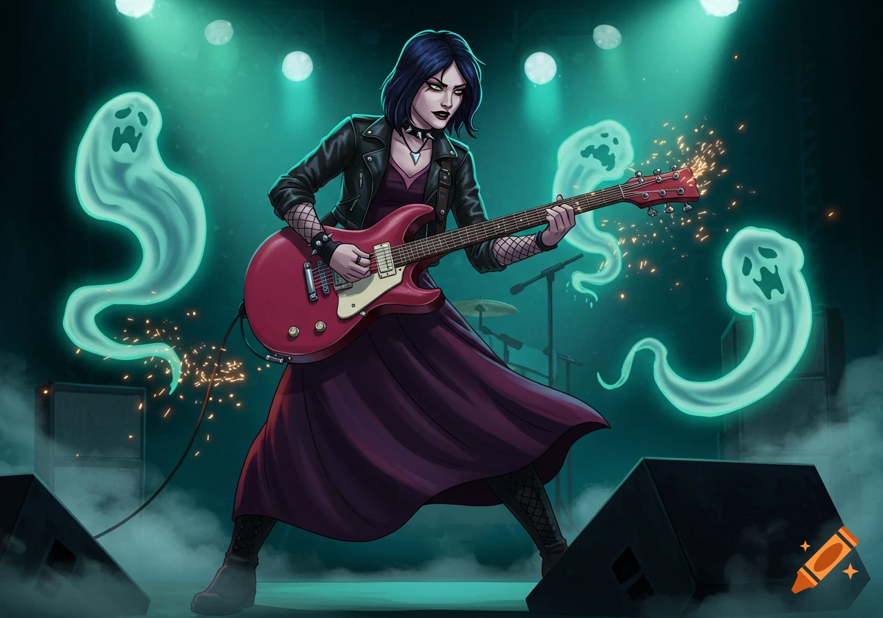 A gothic woman plays a red electric guitar on a stage with green lights and fog, surrounded by glowing green ghosts. Illustrated.