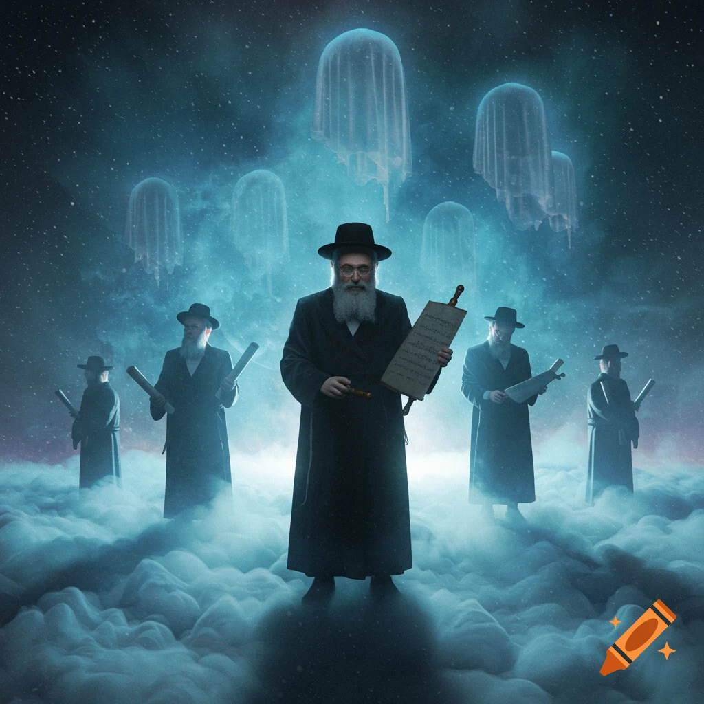 A group of rabbis in black coats and hats stand on clouds, surrounded by ethereal, glowing phantom-like figures in a dark, starry sky.