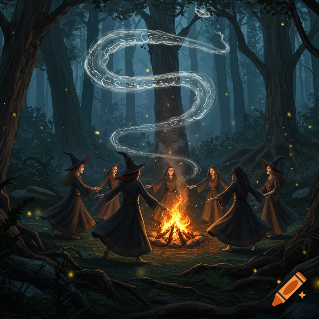 Witches dance around a campfire in a dark, moonlit forest with magical smoke.