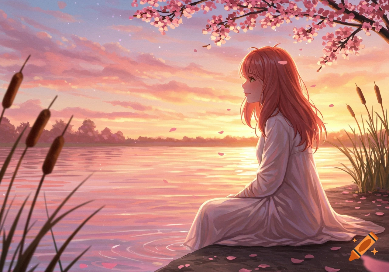 Anime illustration of a red-haired woman sitting by a lake at sunset under a cherry blossom tree, looking at the water.