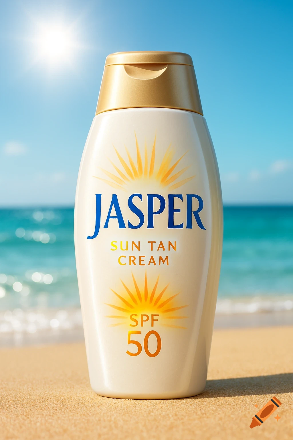 A close-up shot of a sun tan cream bottle on a sandy beach, with the ocean and sky in the background. The bottle is labeled "JASPER SUN TAN CREAM SPF 50".