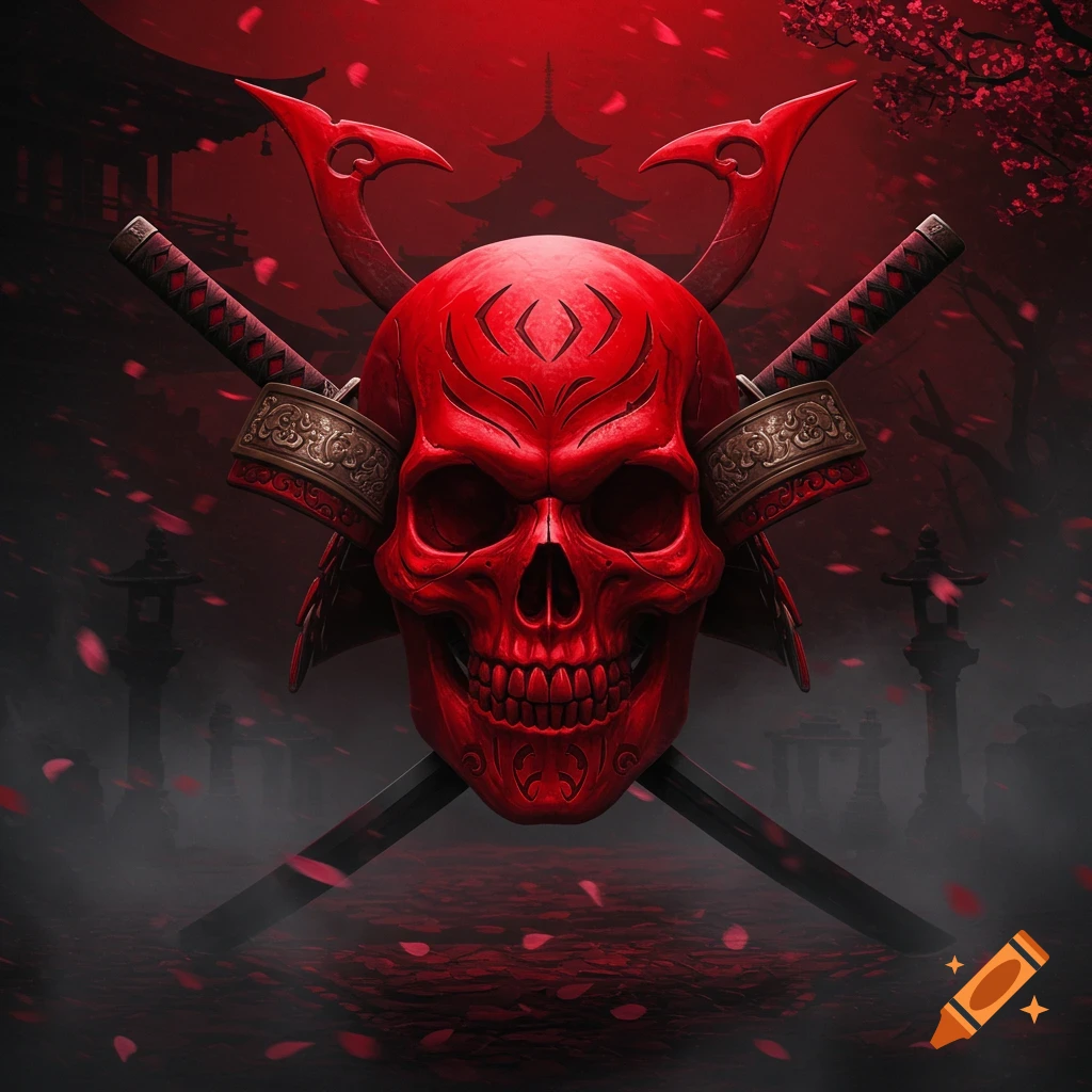 Red samurai skull with ornate horns and two crossed katanas. Japanese temple and cherry blossoms in a misty red background.