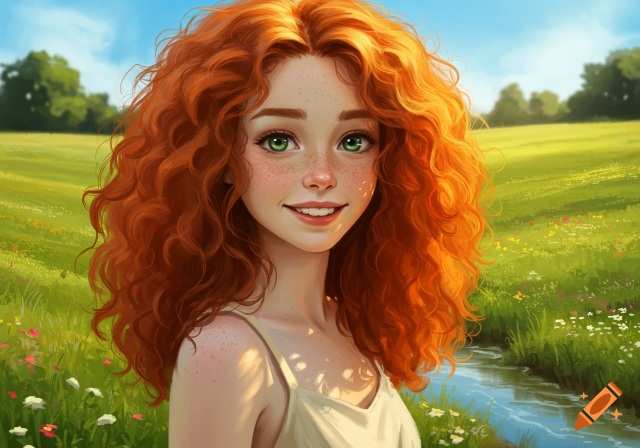 A vibrant digital art portrait of a smiling young woman with curly red hair and green eyes, standing in a sunny field.