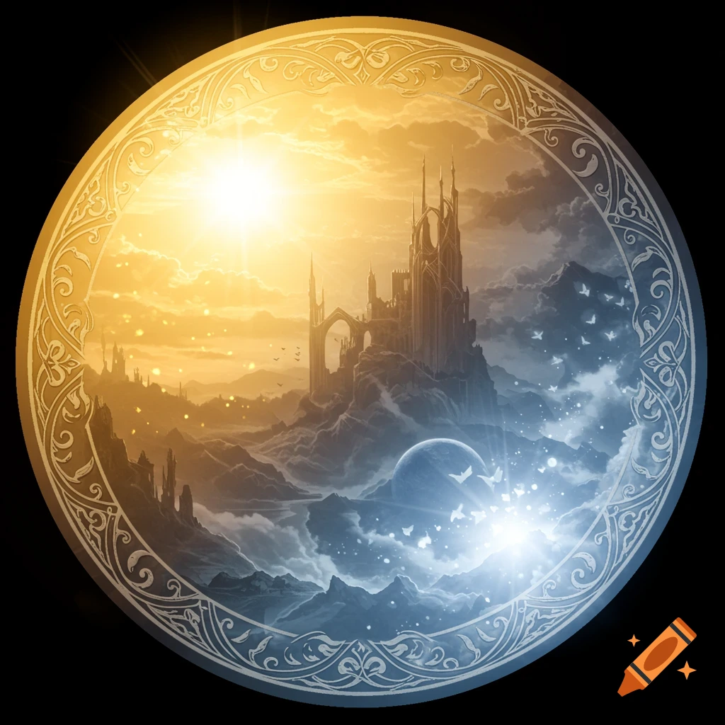 A circular fantasy landscape split between sunny golden day and blue moonlight night with castles and an ornate border.