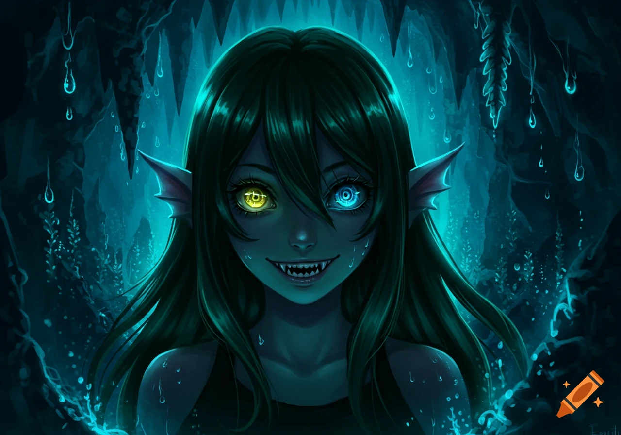 Close-up anime illustration of a monster girl with dark green hair, glowing yellow and blue eyes, and shark teeth in a dark, glowing blue cave.