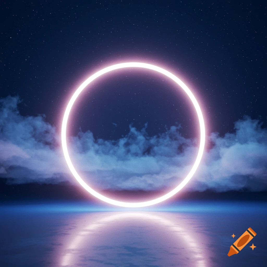 A glowing neon pink circle hovers over a reflective surface under a starry night sky with blue clouds.