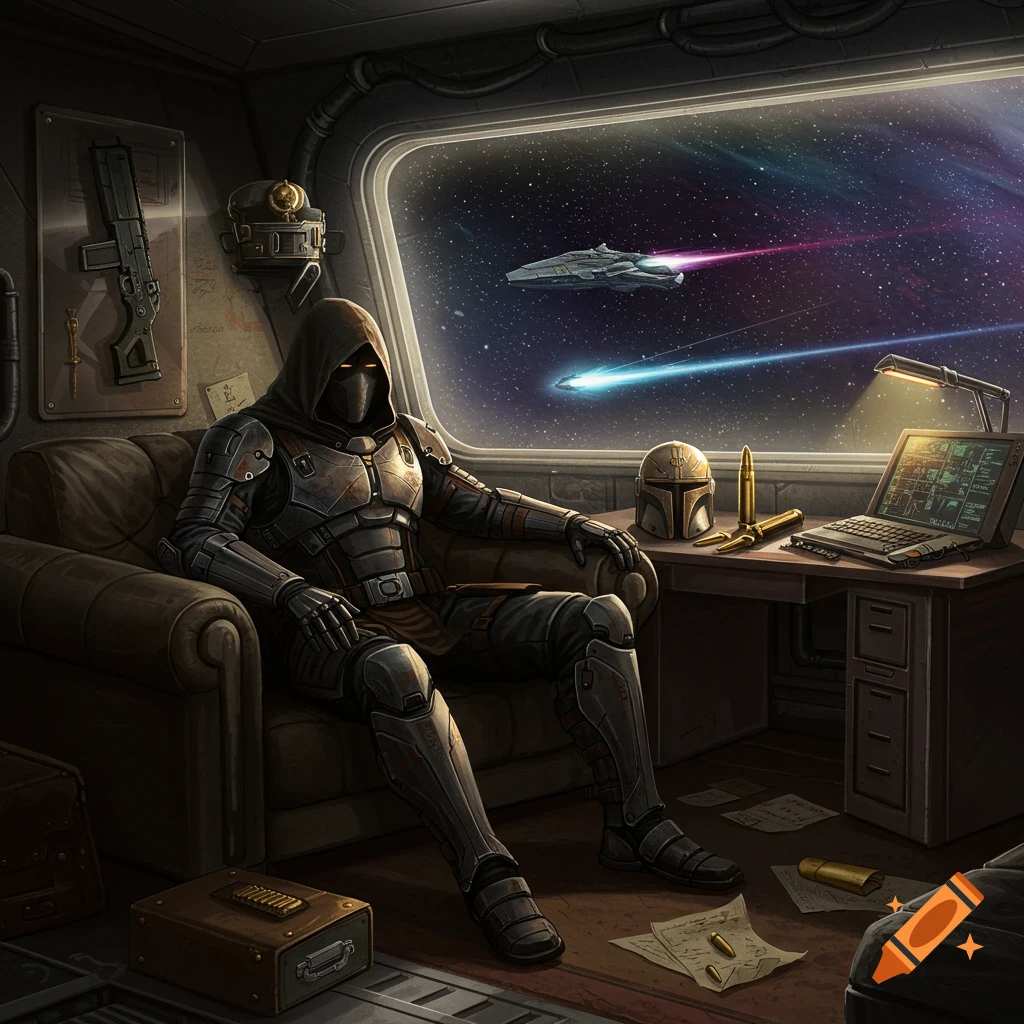 A heavily armored space mercenary in a dark hood sits on a couch in his spaceship's quarters, looking out a large window at a passing ship in deep space. A desk with a laptop and a Mandalorian helmet is beside him.