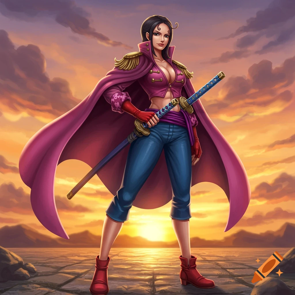 Tashigi from One Piece stands holding a katana, wearing a pink jacket, blue pants, and cape, against a sunset over water.