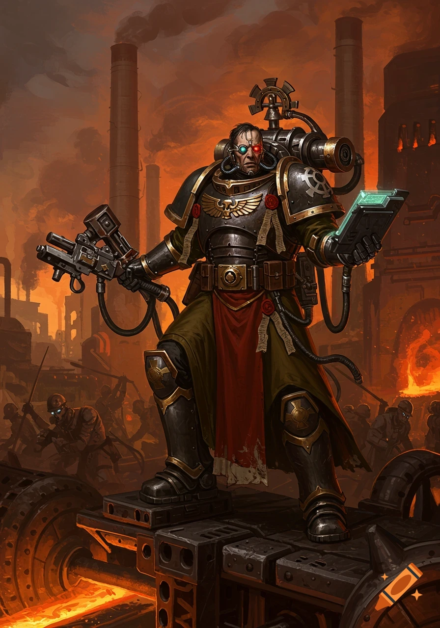 A heavily armored cyborg priest from Warhammer 40k, holding a weapon and a data-slate, stands on an industrial platform against a grimdark factory backdrop with glowing furnaces.