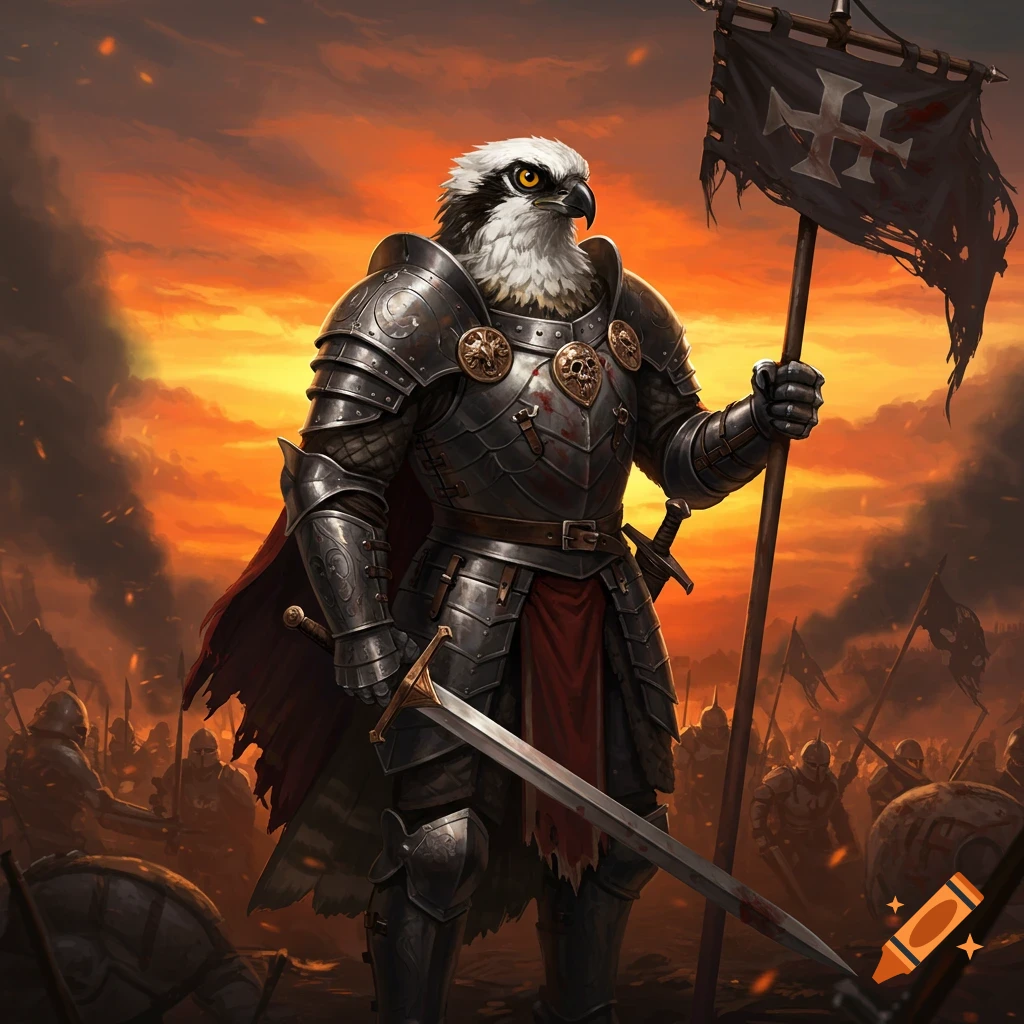 A war captain with an osprey head in full armor holds a sword and a tattered flag on a chaotic battlefield at sunset.